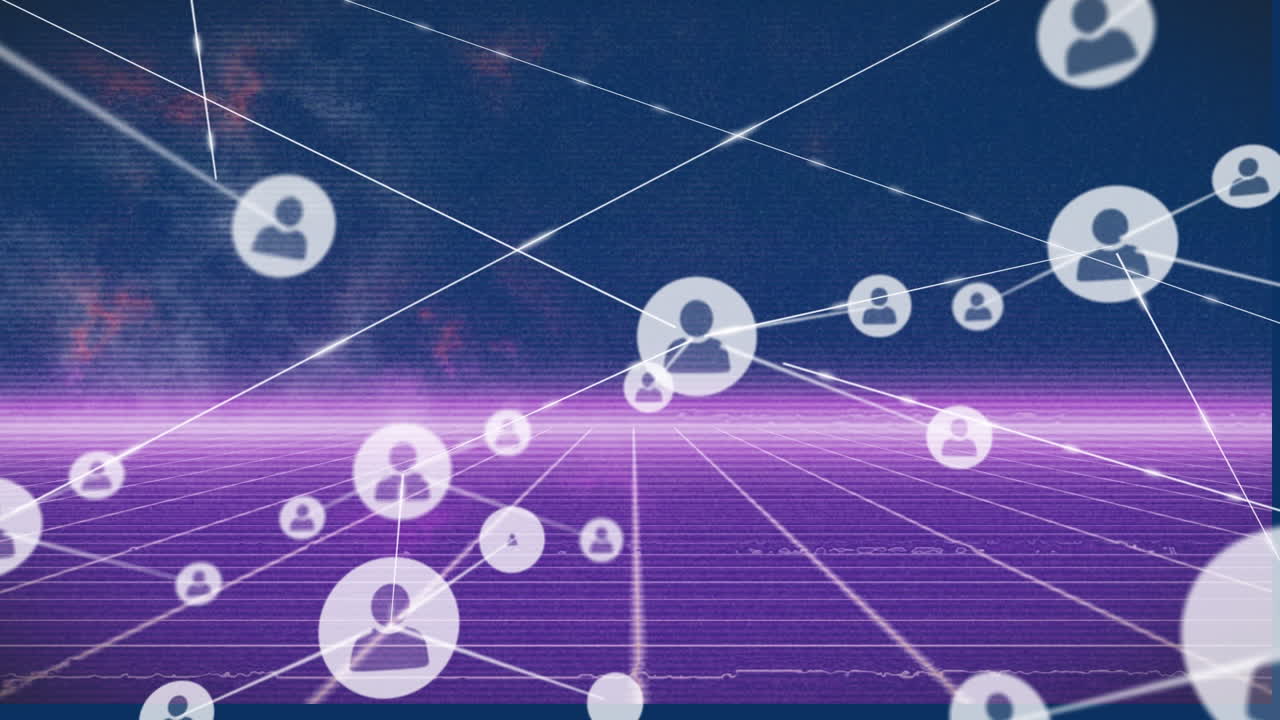 추상적인 배경에 있는 그리드 패턴 위의 선으로 상호 연결된 프로필 아이콘의 애니메이션