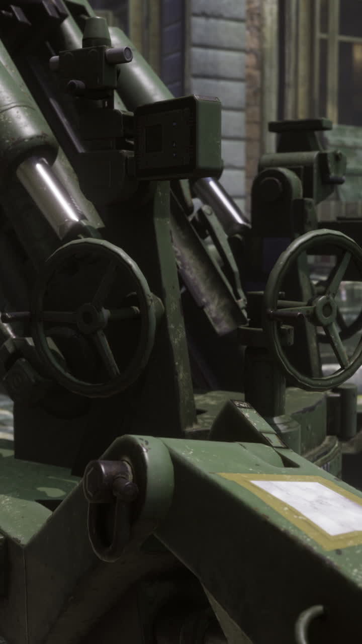 Detailed view of an artillery piece in a historical urban environment