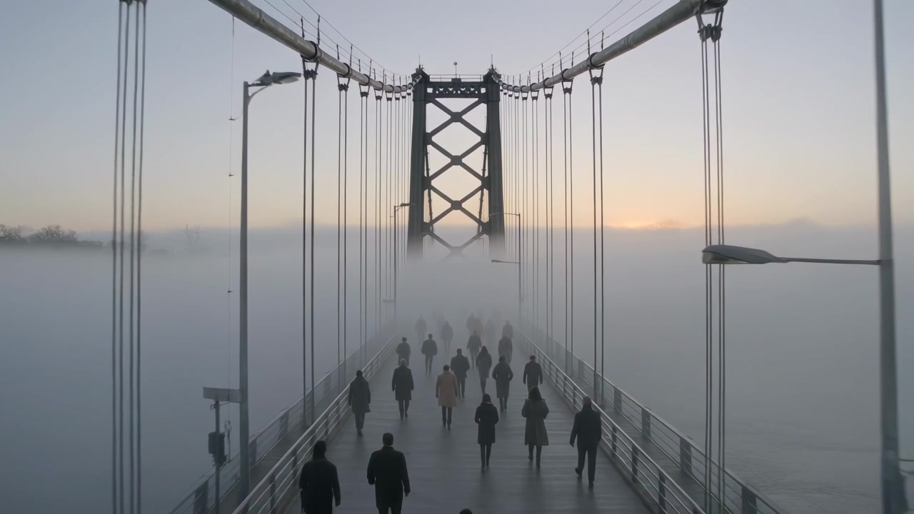 Pendolari a piedi che iniziano il tragitto, indossando cappotti e muovendosi verso la torre di un ponte all'alba, con nebbia e cavi.