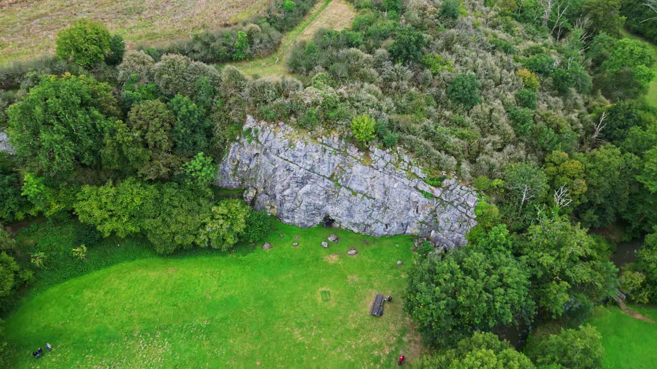 Saulges cave entrance on aerial view with Erve river, Saint-Pierre-sur-Erve, Mayenne France.
