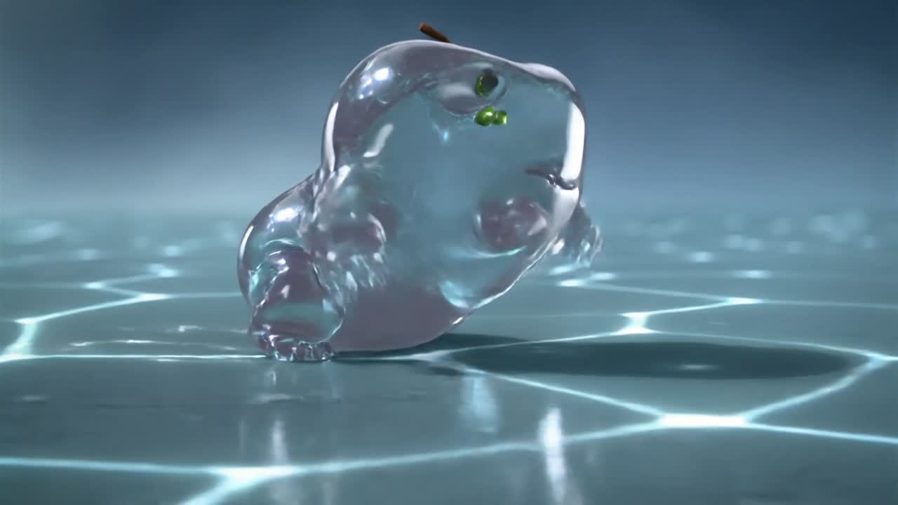 Vertical video: Reacting to rippled light, gel creature shifting on shiny floor, showing brown stem