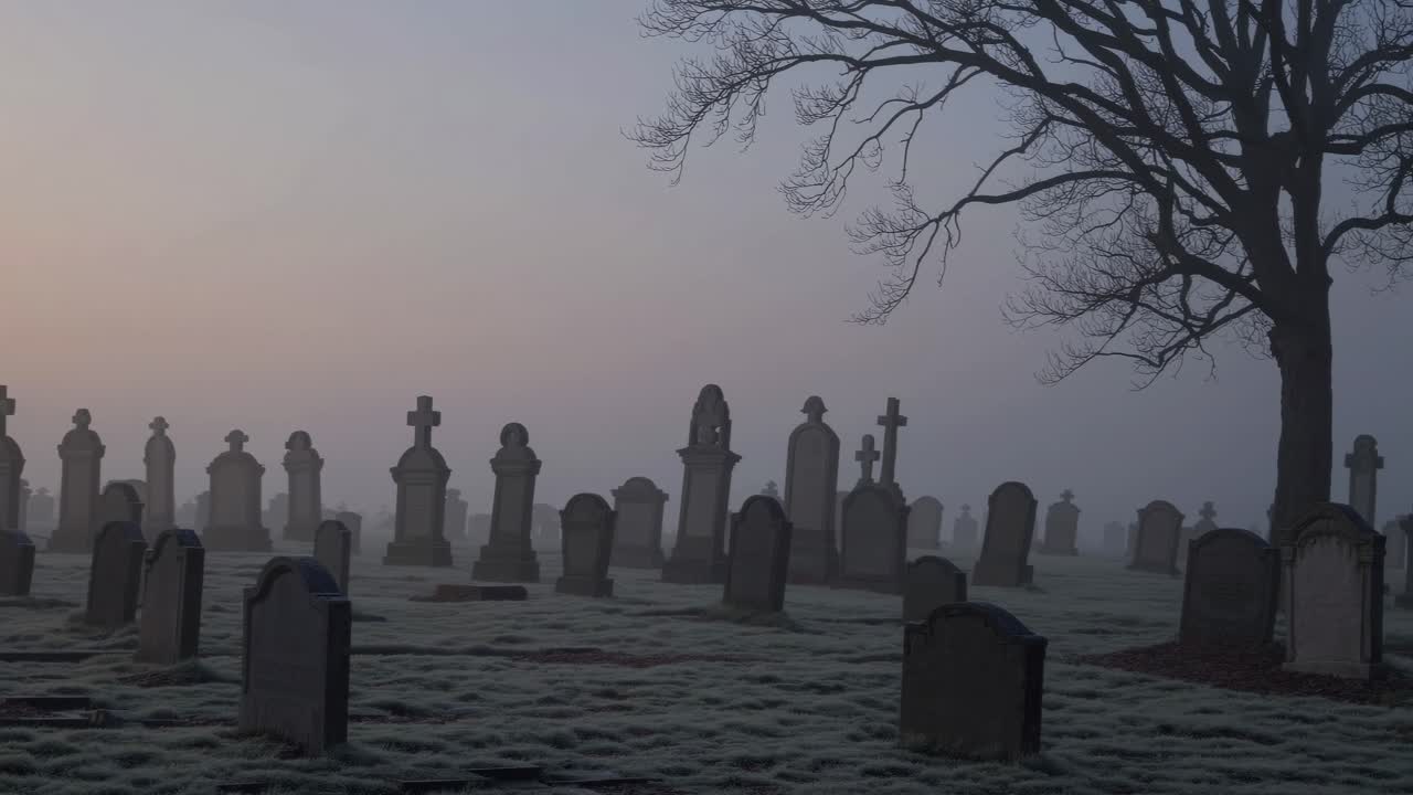 Eerie cemetery scene at dawn with mist, captured from a low angle