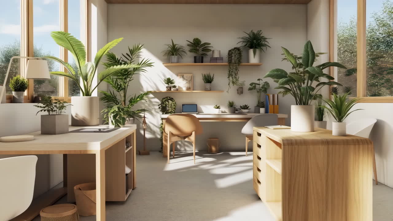 A bright and modern home office space filled with numerous indoor plants