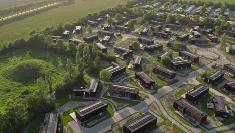 Aerial-View-Of-Eco-Lodges-At-The-Roompot-Beach-Resort-Brouwersdam-In-Scharendijke,-Netherlands