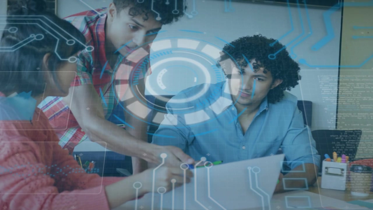 Three business team leaning pointing sharing pens upon HUD appearing and marking doc for review