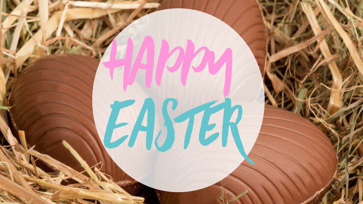 Animation of happy easter text over chocolate eggs