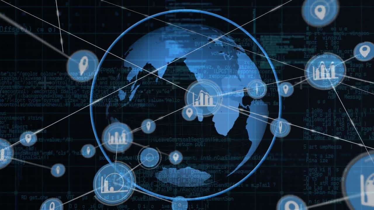 전 세계와 그리드에 대한 아이콘으로 연결 네트워크의 애니메이션