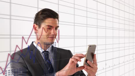 Animation-of-financial-data-processing-over-caucasian-businessman-using-smartphone
