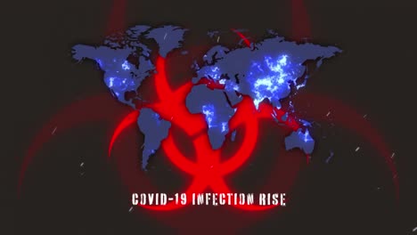 Animation-of-covid-19-data-processing-over-biohazard-symbol-and-world-map