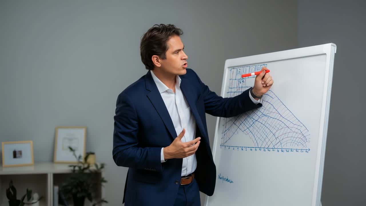 Highlighting trend presenter in blazer raising red marker marking graph curve on office whiteboard