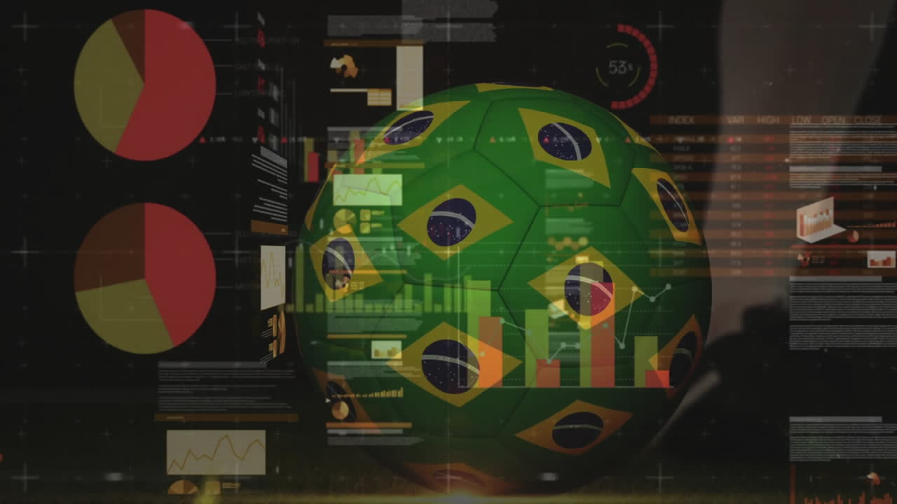 Animated data charts overlaying Brazil-themed soccer ball in dynamic presentation