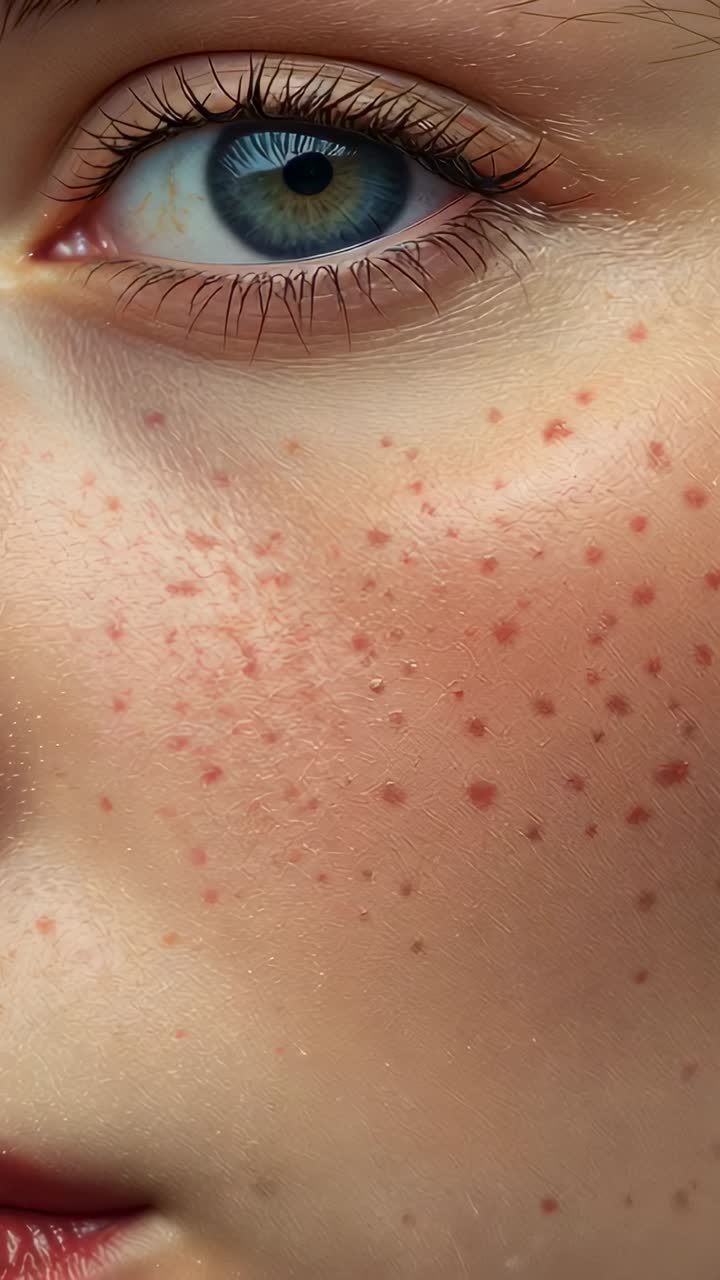 Vertical video: Turning woman slightly in studio for study showing eye brow lashes red cheek marks