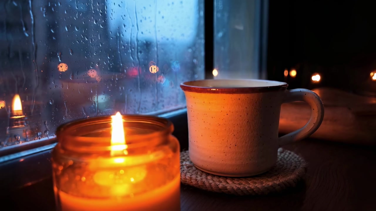 Tazza fumante e candela accanto a una finestra sotto la pioggia di notte