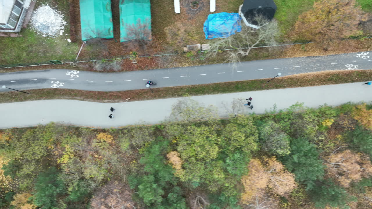 Aerial overhead shot of intersecting bike and pedestrian paths surrounded by autumn forest near the coastline