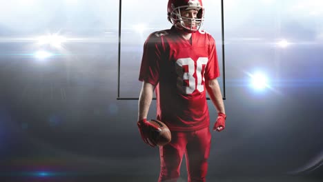 animation of male american football player holding ball, over goalposts at floodlit stadium