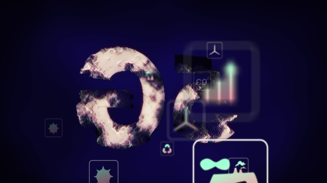 animación del globo y procesamiento de datos digitales sobre un fondo oscuro