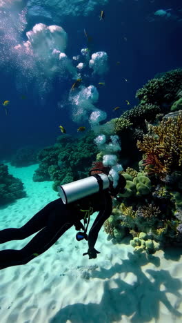 scuba diver exploring coral reef
