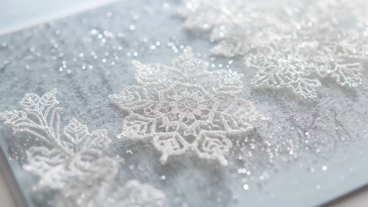 青みがかったグレーの紙に置かれた、白いレースの雪の結晶にカメラをフォーカスし、きらめくボケを表現します。