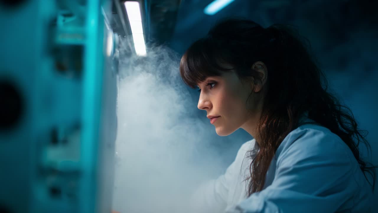 A scientist immersed in a cloud of vapor, intensely focused on her work in a high-tech laboratory, showcasing determination, innovation, and the pursuit of knowledge in the realm of scientific exploration