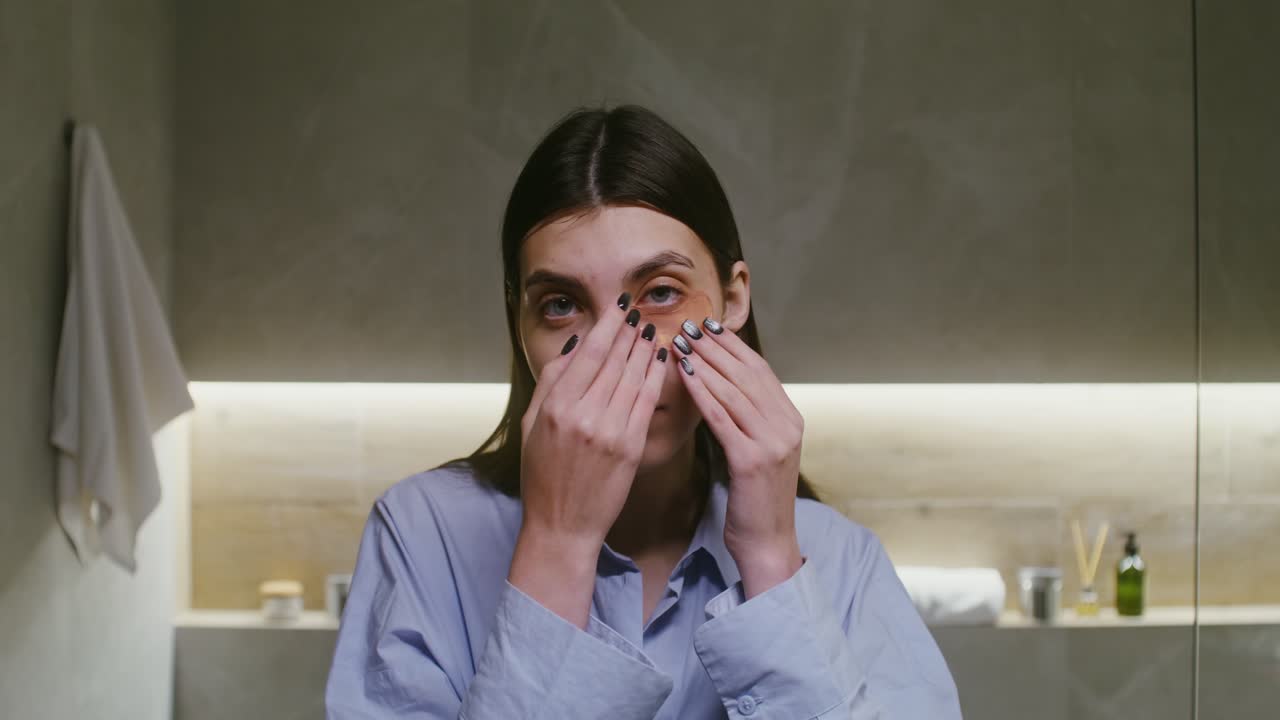 mujer aplicando parches oculares en el baño