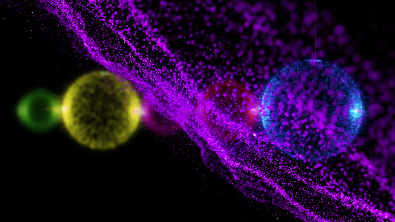 partículas coloridas y esferas brillantes flotando sobre un fondo oscuro
