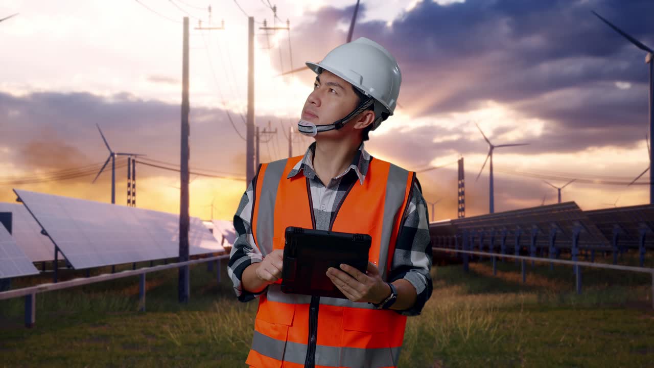 Asian Male Engineer With Safety Helmet Looking At The Tablet In His Hand And Looking Around While Standing With Solar Panel and Wind Turbines