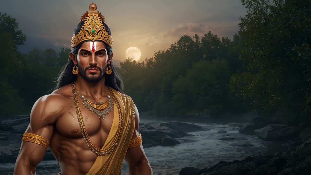 Full moon rising inspiring shirtless warrior standing on riverbank displaying crown and sash