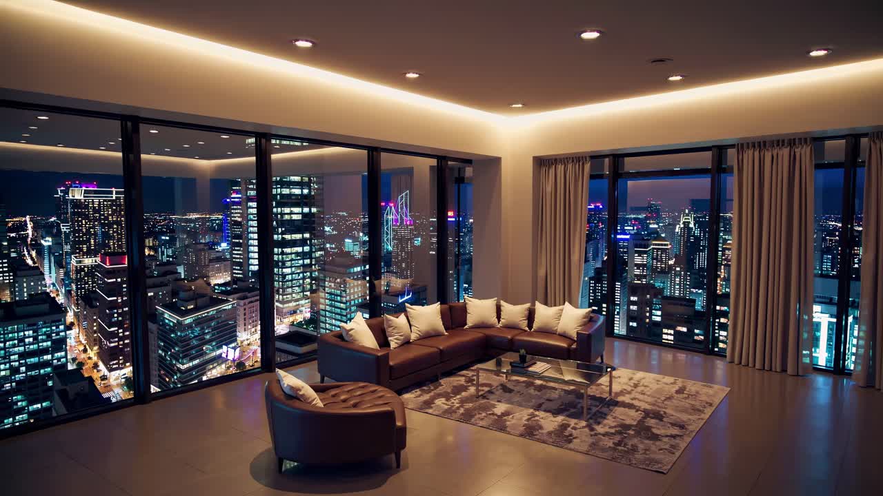 Luxurious penthouse interior displaying sleek leather seating, expansive windows revealing glowing metropolitan nightscape with dramatic cityscape silhouettes and sophisticated urban design elements