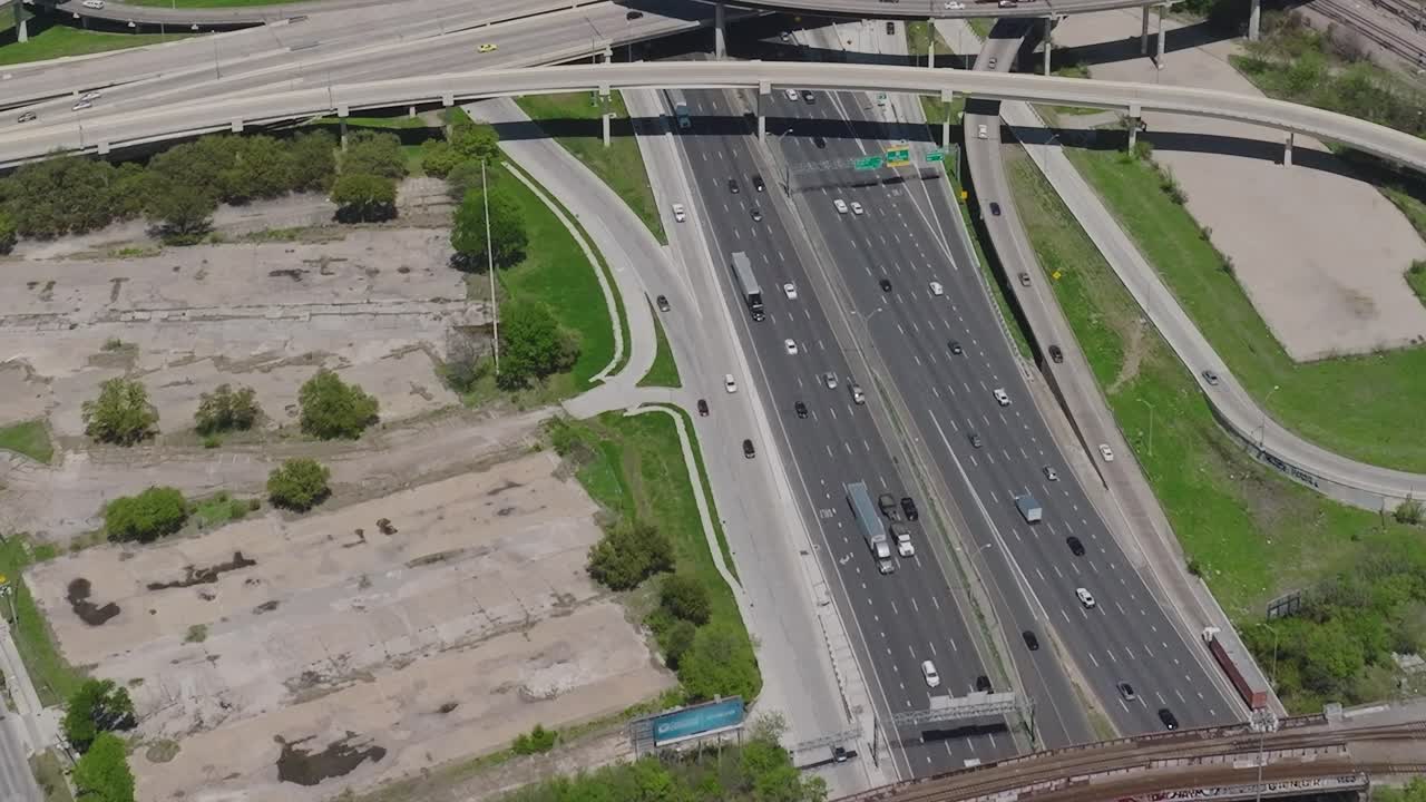 View of busy highways in downtown Dallas Texas from above