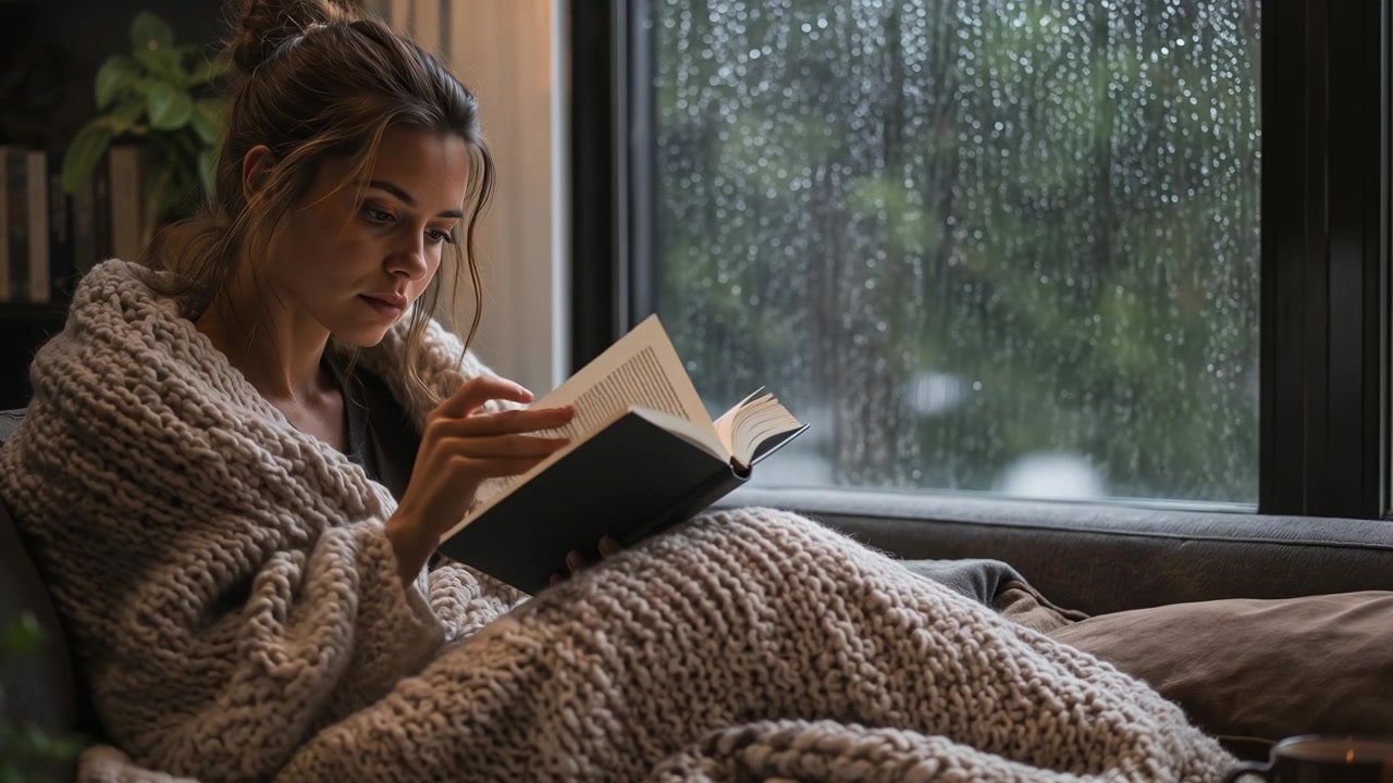 Junge Frau macht es sich mit einem Buch unter einer Decke an einem regnerischen Tag gemütlich.
