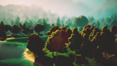 paisaje de dibujos animados con colinas y bosques
