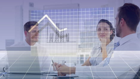 reunión de negocios con casa y gráfico de animación sobre el fondo de la cuadrícula