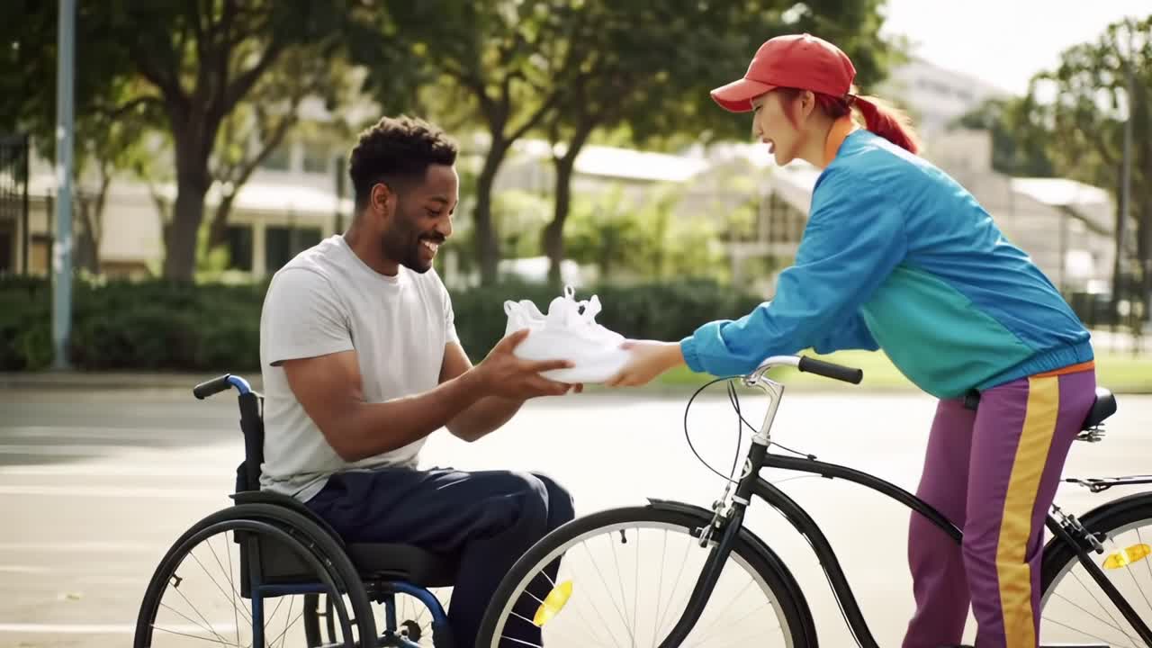 A Joyful Interaction: A Smiling Man in a Wheelchair Receives a Pair of Shoes from a Woman Riding a Bicycle, Celebrating Friendship, Support, and Active Lifestyle