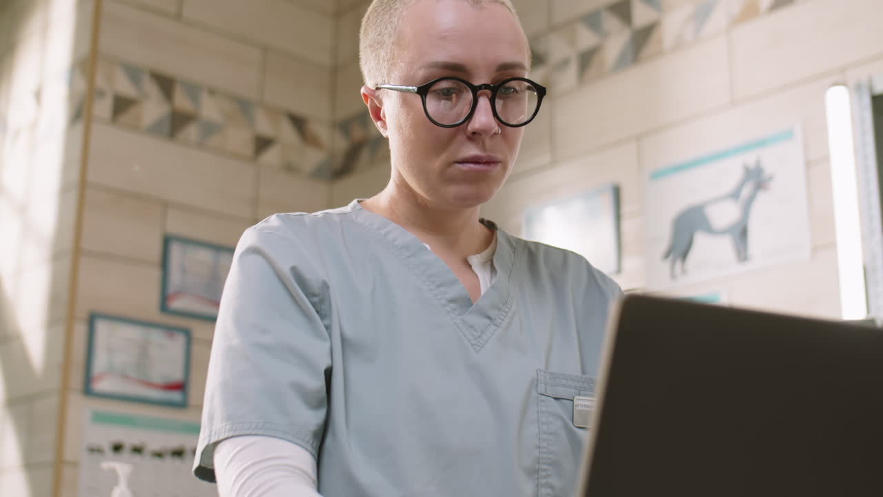 veterinaria que utiliza una computadora portátil en la clínica