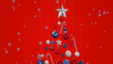 Animation-of-snow-falling-over-christmas-tree-on-red-background