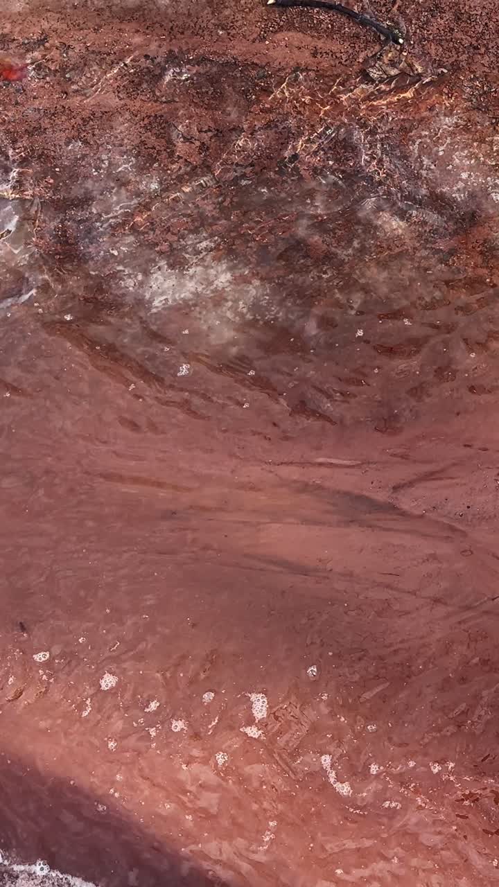 Rapida acqua di disgelo primaverile scorre su un sentiero rosso in disgelo bordato di fanghiglia, trasformando la superficie in un vivido segno a livello del suolo dell'inverno che cede il passo alla primavera.