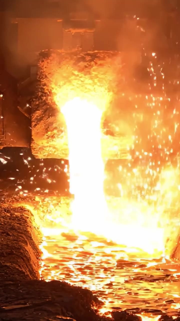 Metallo Fuso che Scorre da un Forno: Immagini Accattivanti del Calore Intenso e delle Forze Dinamiche in un Ambiente di Fonderia