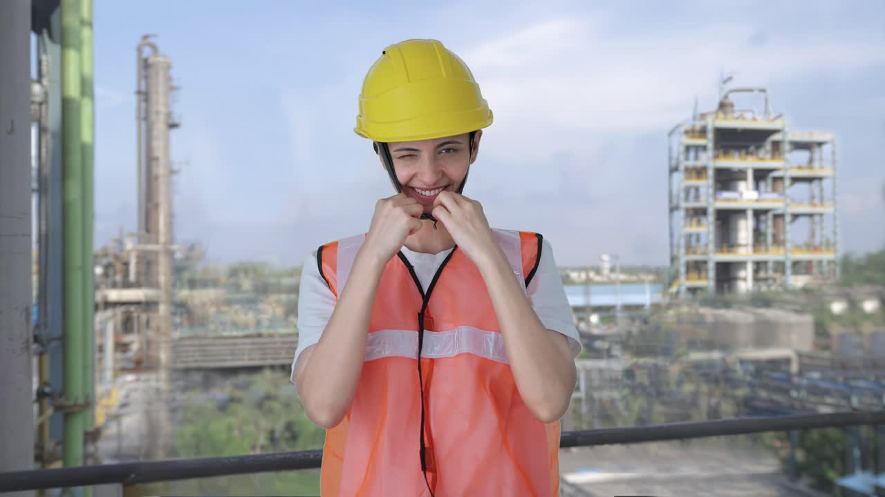 feliz trabajadora de la construcción india con casco