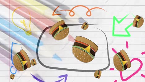 Animation-of-cheeseburgers-falling-over-colourful-doodles,-pencils-and-lined-paper