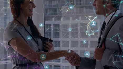 animation of network of connections and data processing over diverse businesspeople