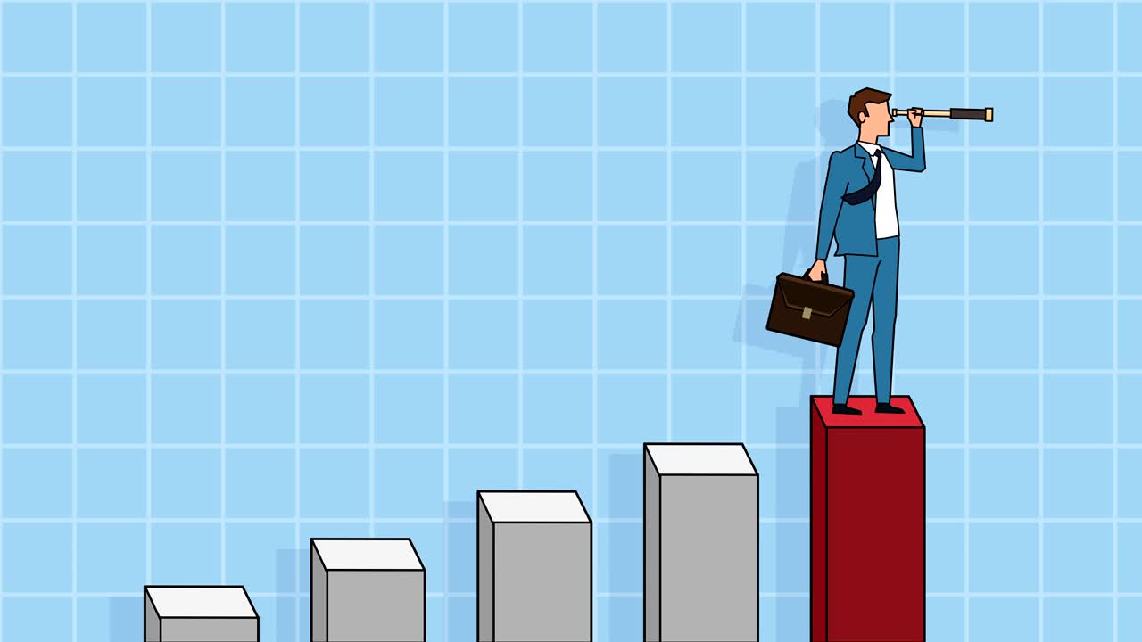 Flat cartoon businessman character with spyglass career growth chart concept success animation