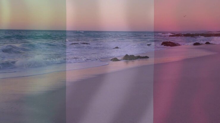 Shoreline and surf advancing and retreating from swell, bands shifting, mirroring pastel dusk