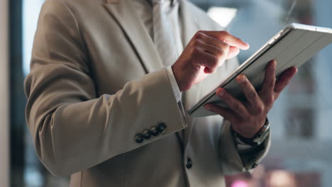 office tablet, night and hands of person typing