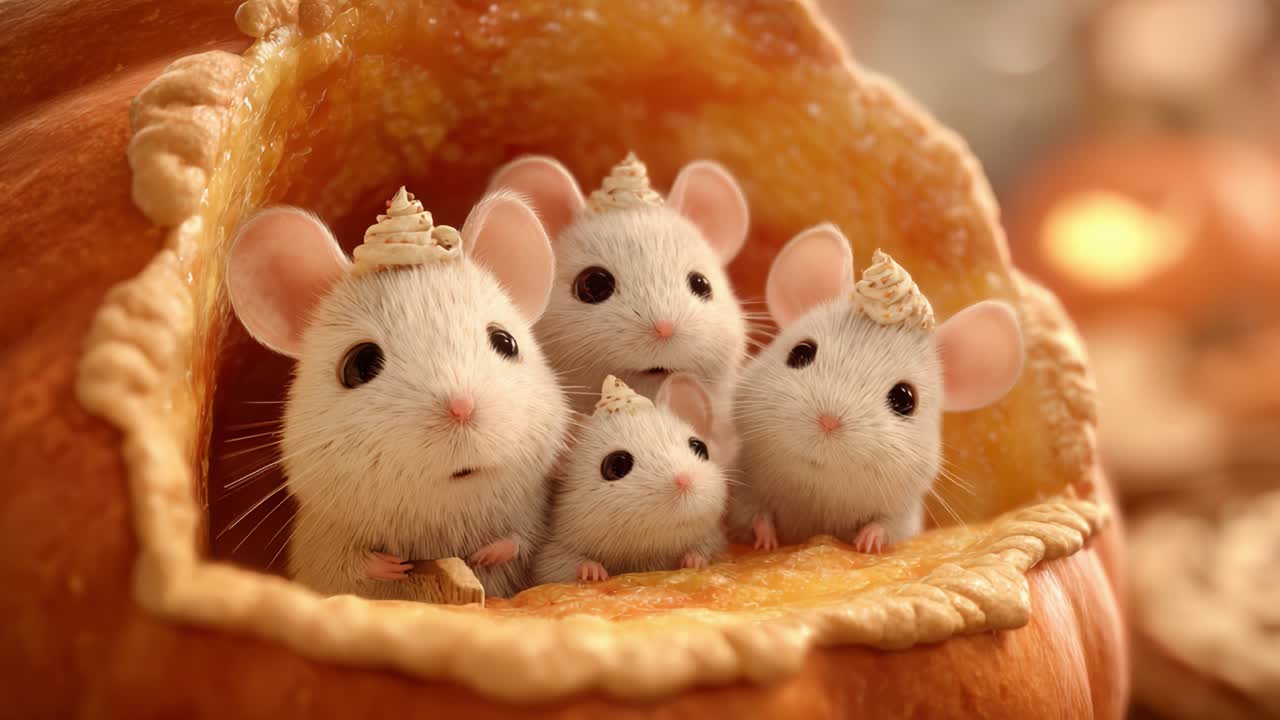 A Heartwarming Gathering of Adorable Mice Celebrating Together Inside a Pumpkin, Capturing the Essence of Family and Joy in a Whimsical Autumn Setting