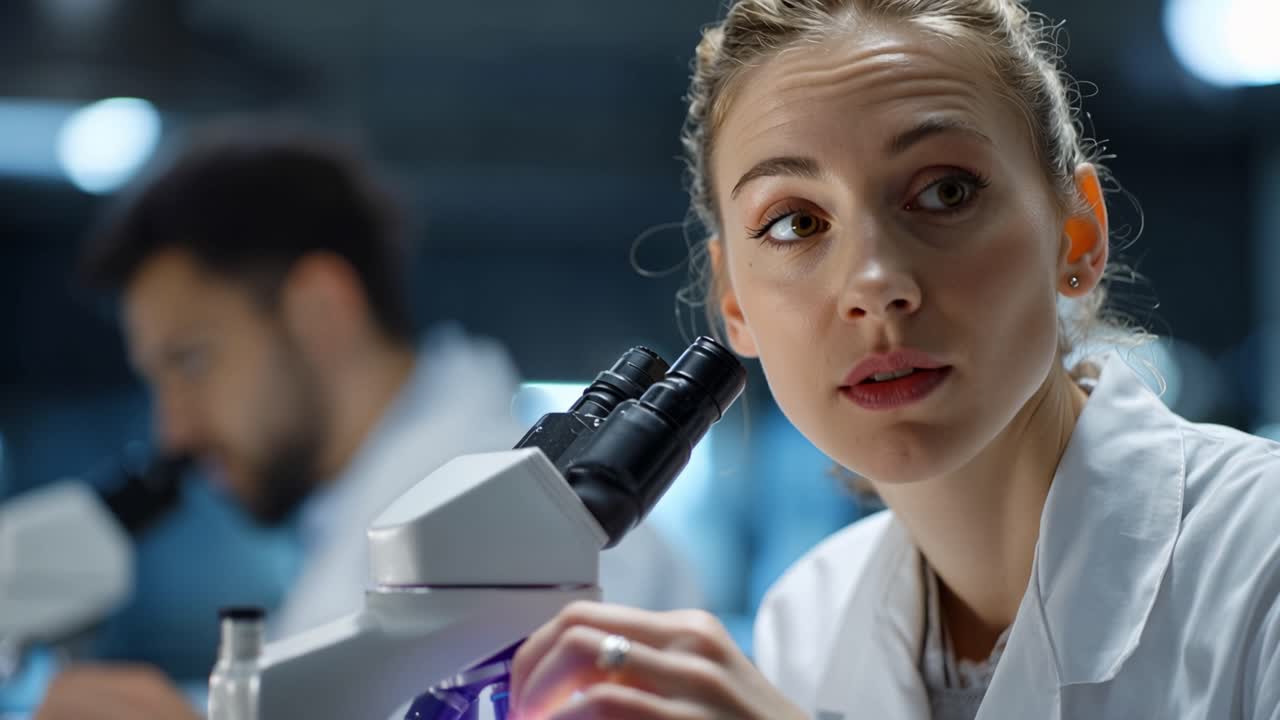 Una scienziata osserva attraverso la lente del microscopio. Il suo sguardo concentrato rivela un'intensa concentrazione. Un collega in sottofondo lavora tranquillamente nelle vicinanze. Ideale per temi di ricerca medica o scoperte di laboratorio.