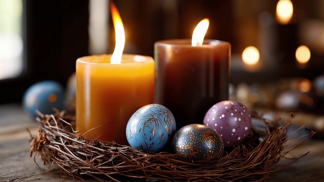Flickering Candles and Colorful Easter Eggs in a Rustic Nest