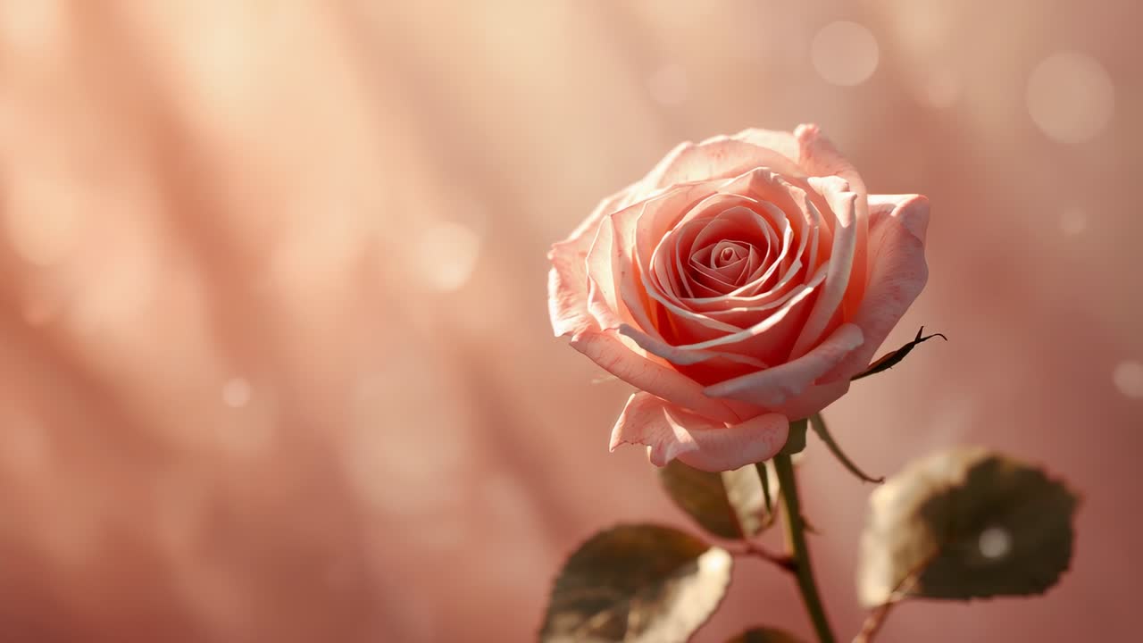 Viser rosa roseblomst som endrer seg etter at kameraet er dyttet inn i studio for å fremheve petalspiralen, med tåke