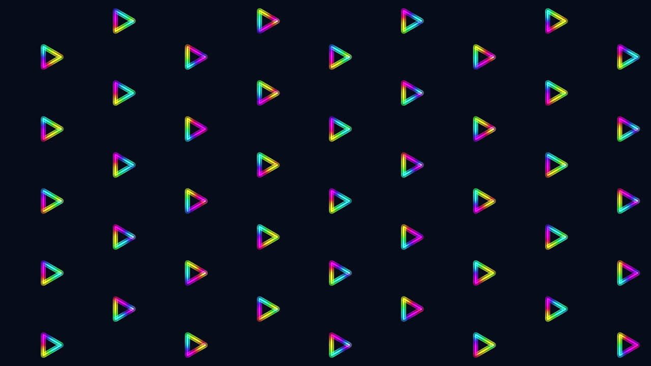 Repeating neon play button icons with rainbow glow on a dark background, ideal for music, streaming, gaming, and technology themes, modern abstract motion design