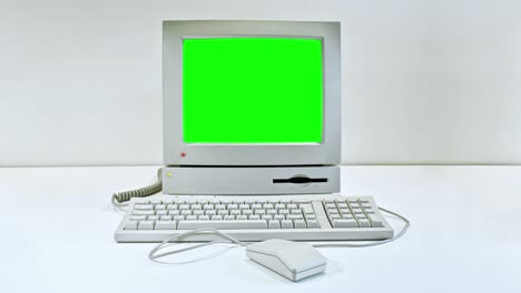 vintage pc booting with glitch and green screen and shutting down 4k old obsolete retro computer desktop