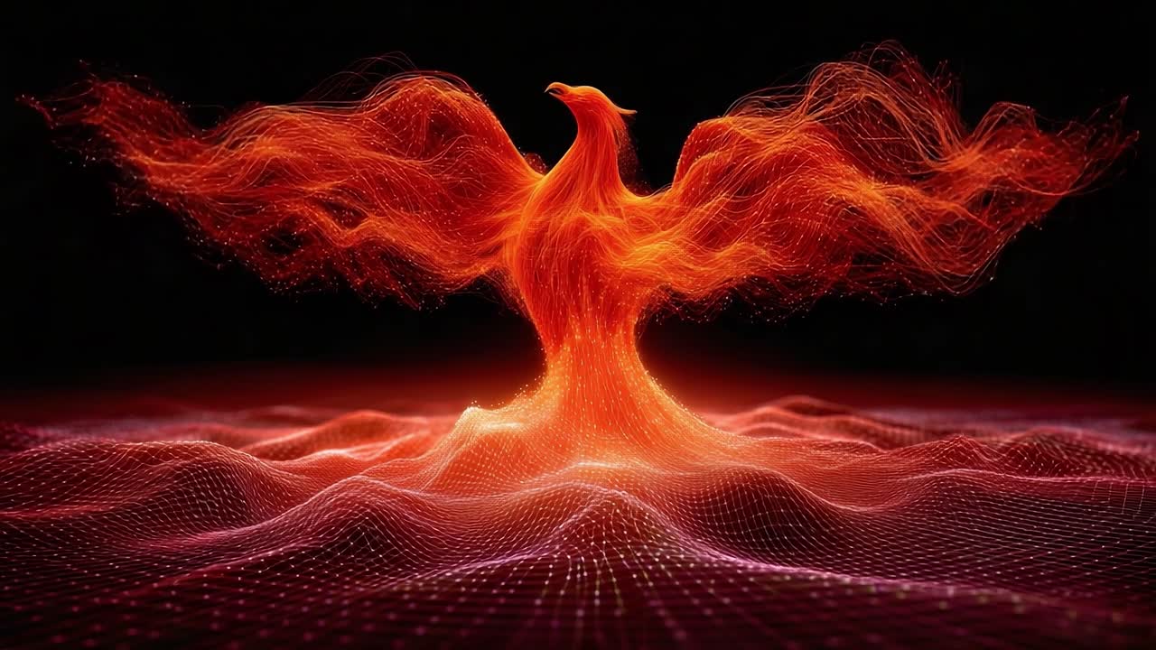 A Stunning Representation of a Fiery Phoenix Rising with Dynamic Wave Patterns, Capturing the Essence of Transformation and Rebirth in a Digital Landscape